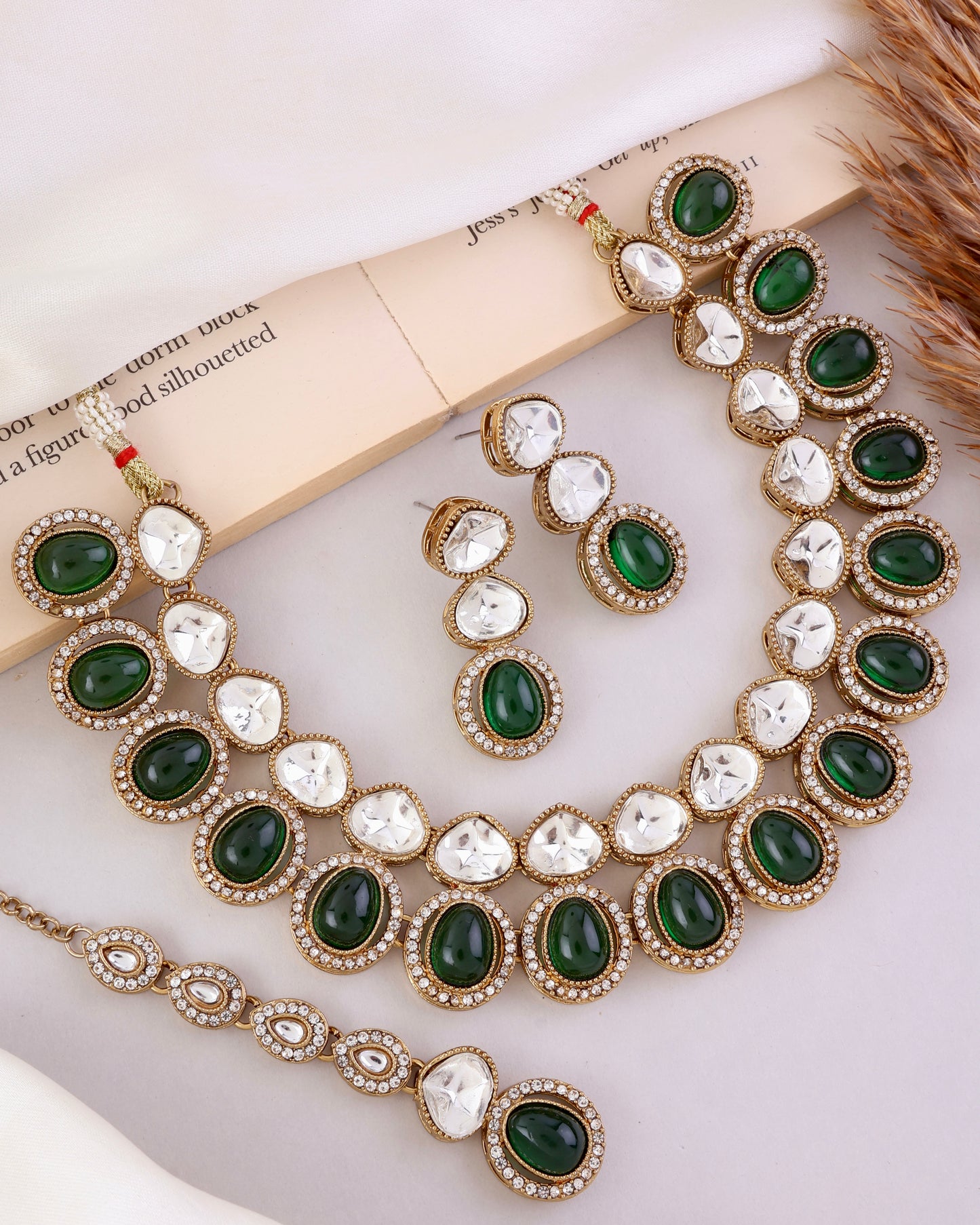 Emerald Arshiya Premium Polki Dupe Necklace with Earring and Teeka