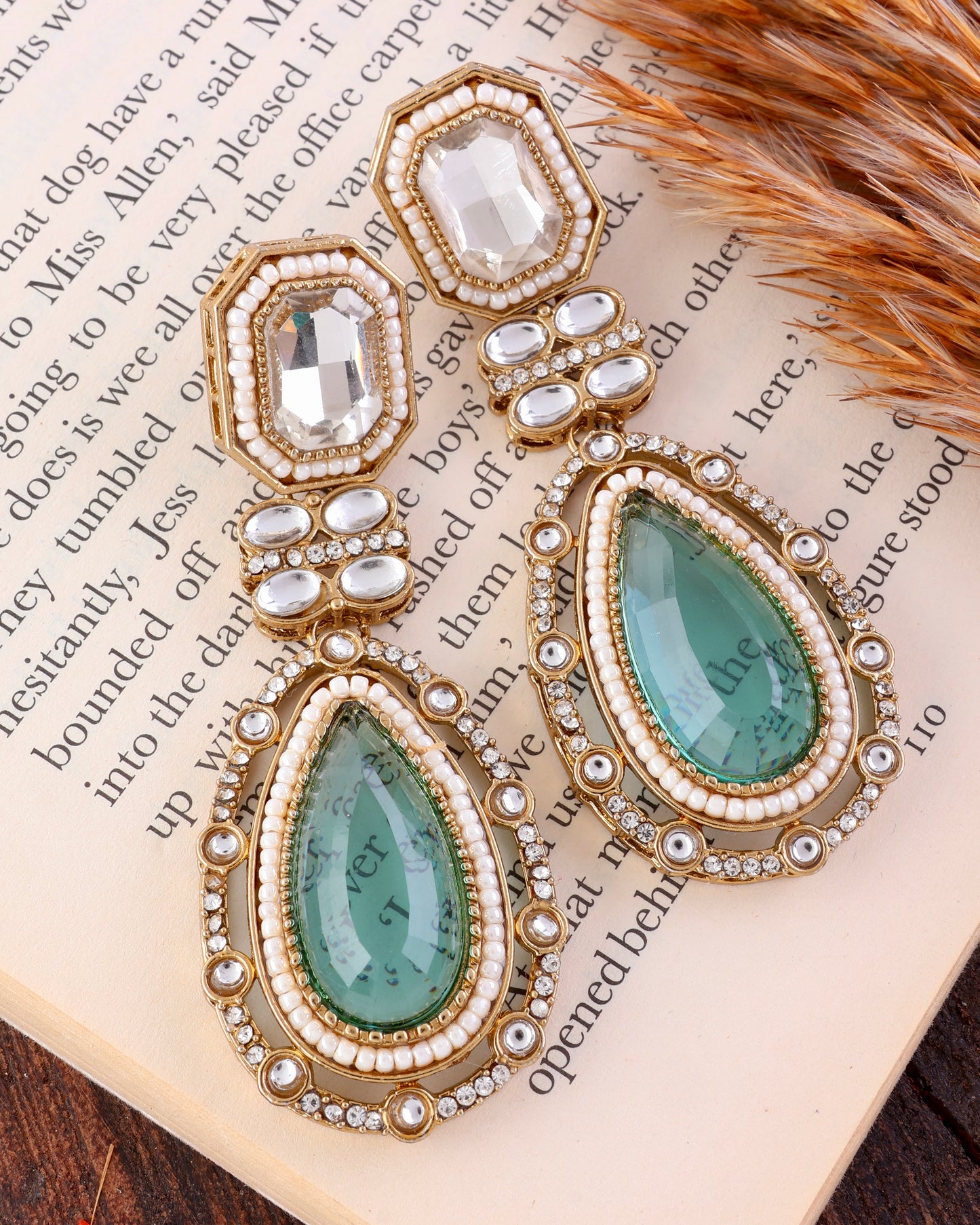 Turquoise Aarit Premium Designer Zircone Polki Dupe Earring