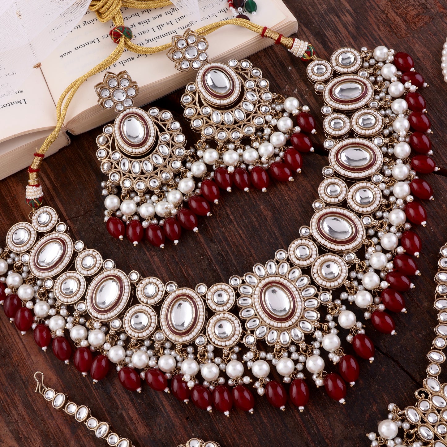 Dark Red Gurkeerat Necklace Earring with Teeka and Side Jhumar/Passa