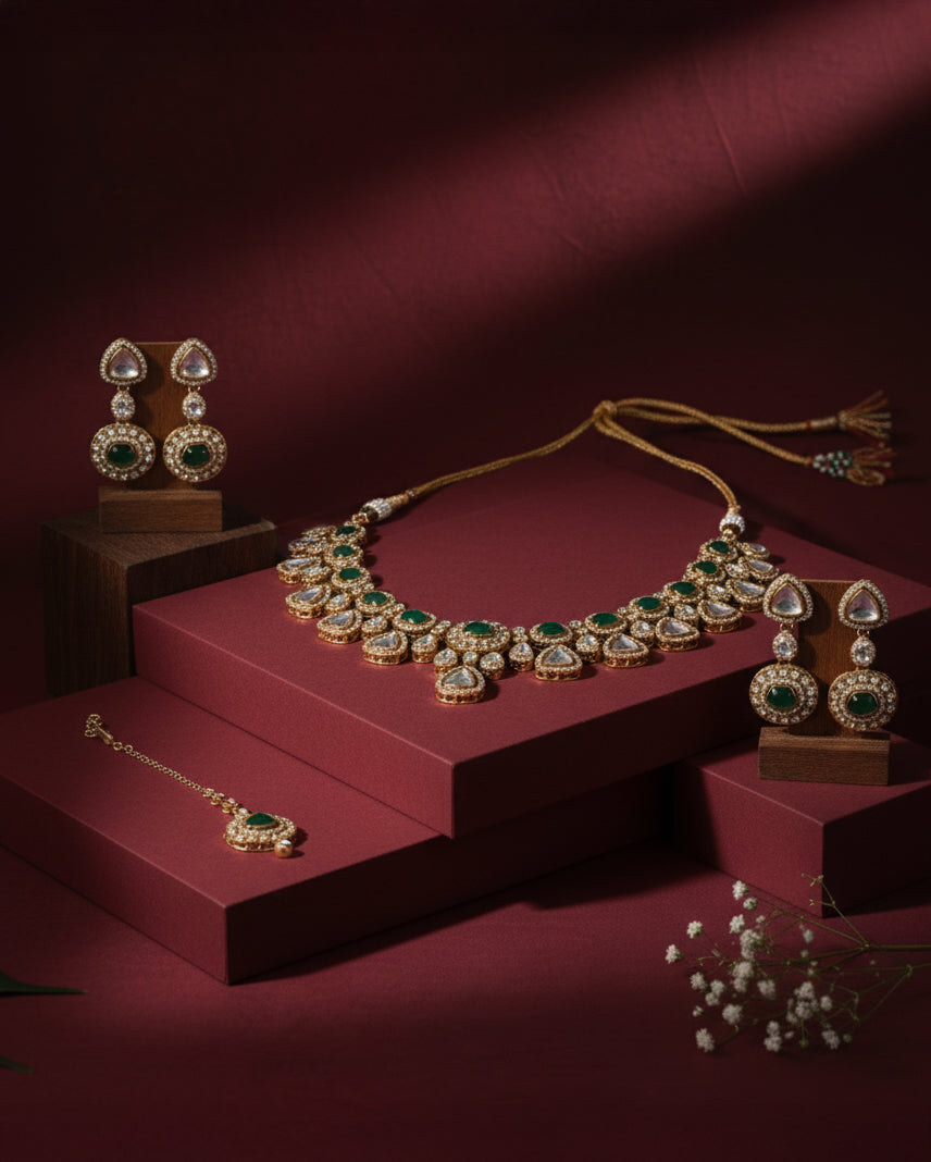 Green Kavita Premium Polki Dupe Necklace with Earring and Teeka