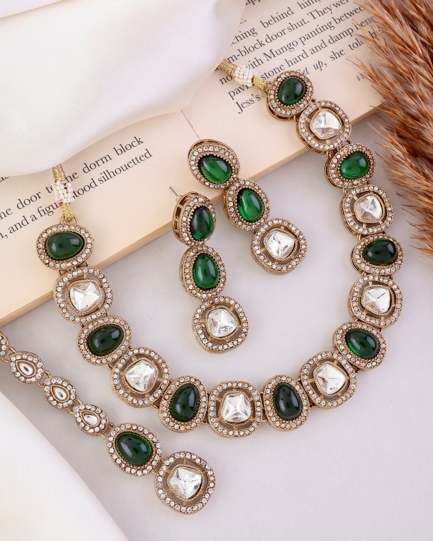 Emerald Rishita Premium Polki Dupe Necklace with Earring and Teeka