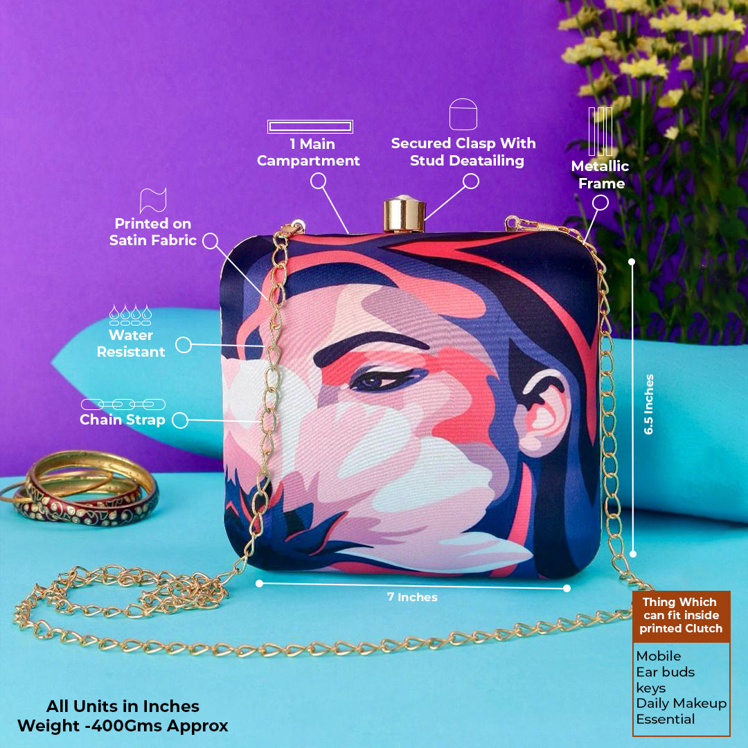 Women Portrait Printed Aesthetic Clutch with Sling Chain