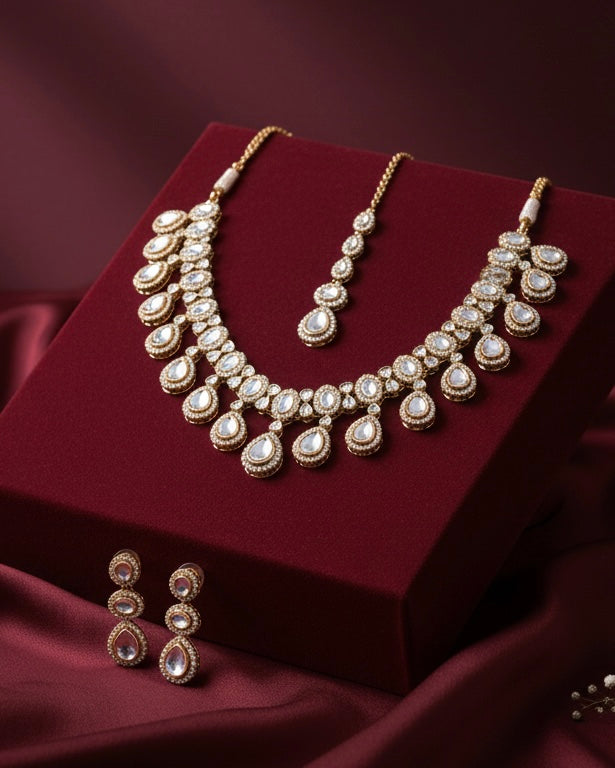 White Nivaya Premium Polki Dupe Necklace with Earring and Teeka