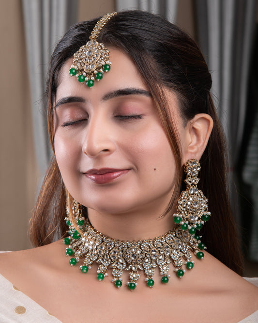 Green Shravya Premium Polki Dupe Necklace with Earring andĀ Teeka