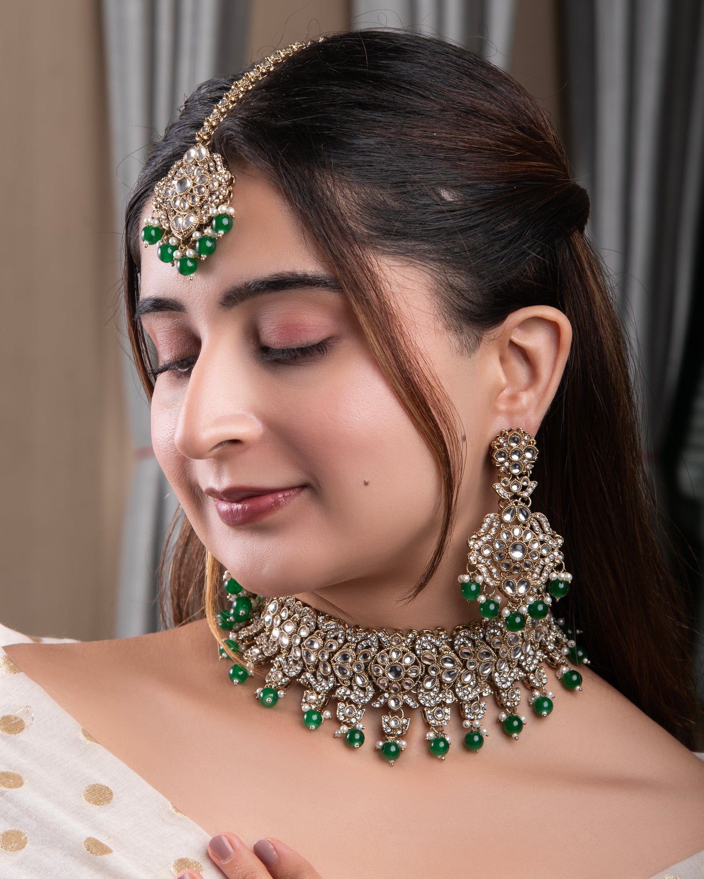 Green Shravya Premium Polki Dupe Necklace with Earring and Teeka