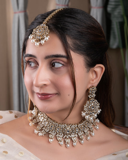 Pearl Shravya Premium Polki Dupe Necklace with Earring andĀ Teeka