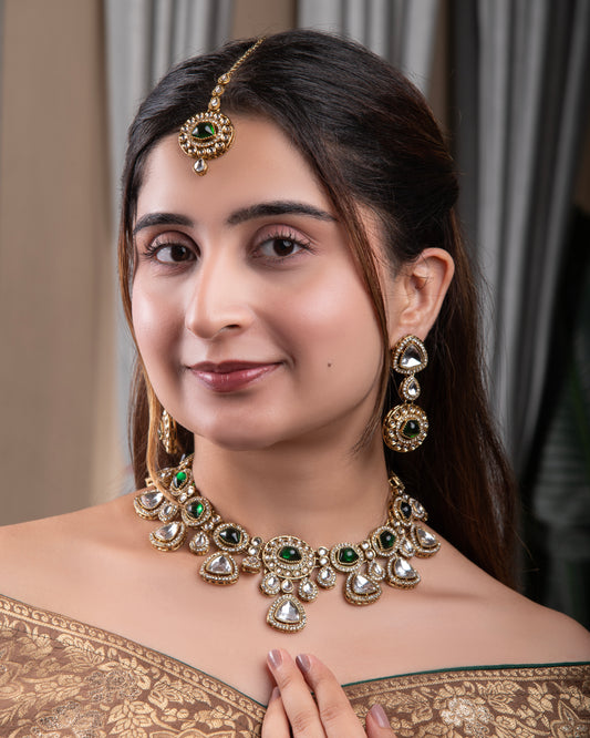 Green Kavita Premium Polki Dupe Necklace with Earring and Teeka