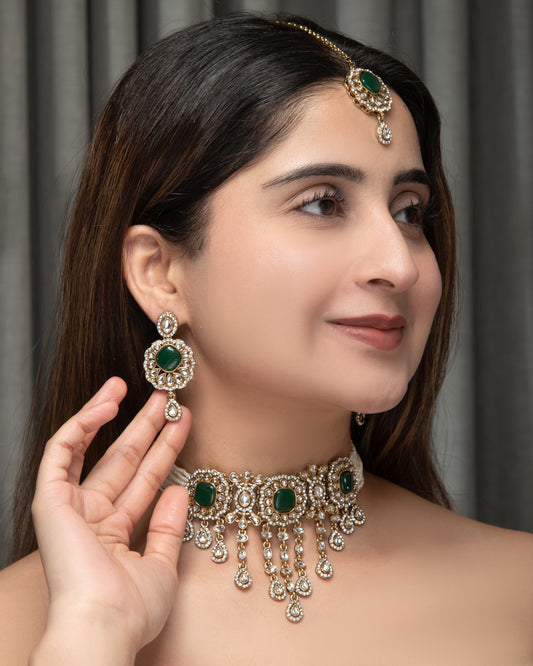 Green Meher Premium Necklace with Earring and Mangteeka