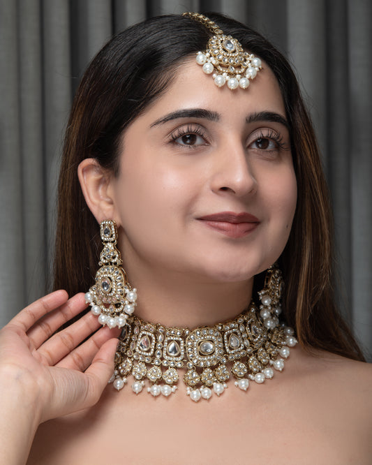 Pearl Upneet Premium Polki Dupe Necklace with Earring and Teeka