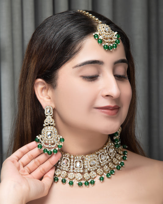Green Upneet Premium Polki Dupe Necklace with Earring and Teeka