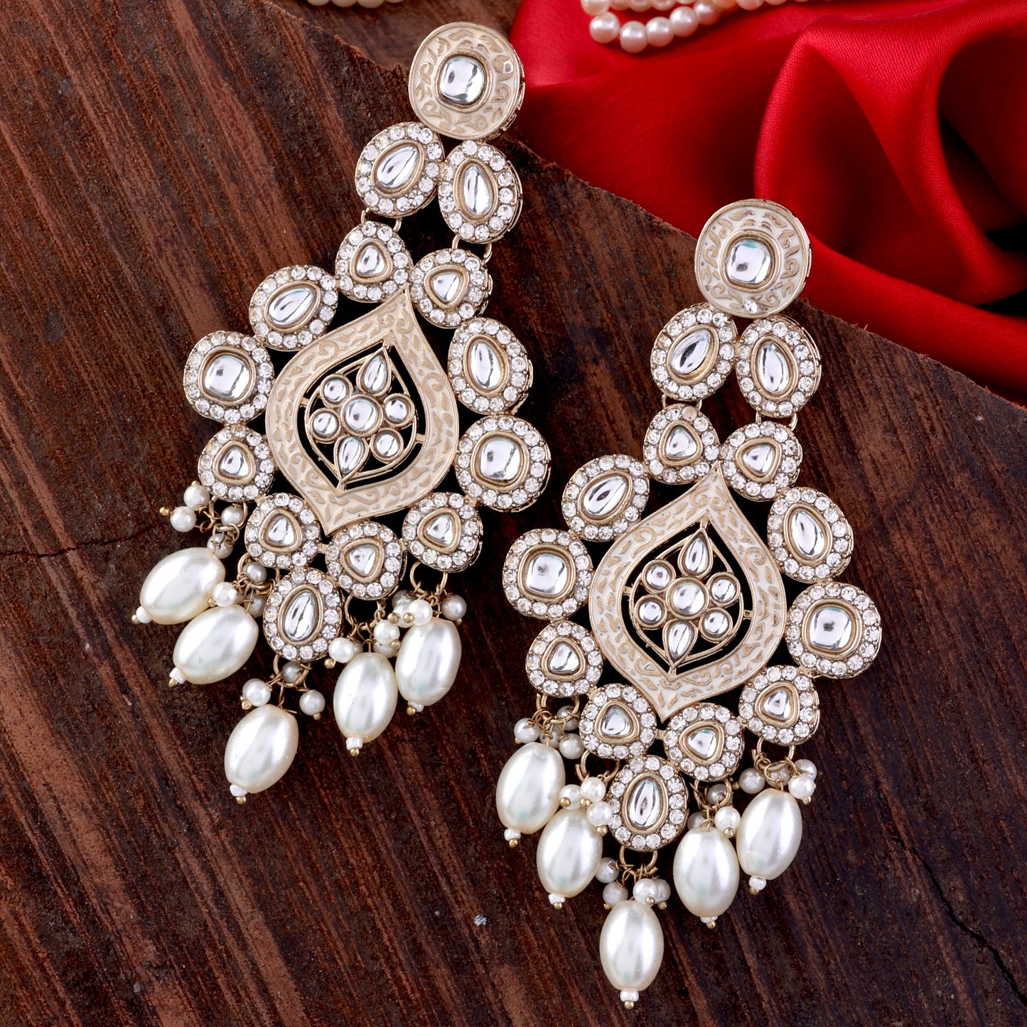 Pearl Pashmeena Designer Kundan Meena Earring