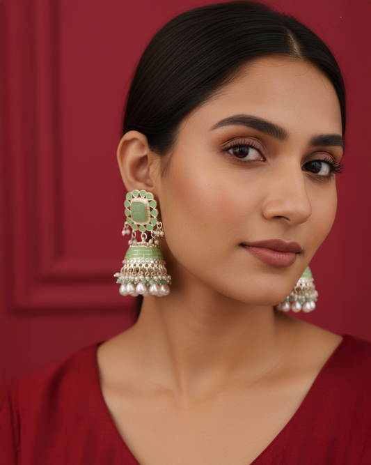 Mint Green Trinaya Meenakari Jhumka