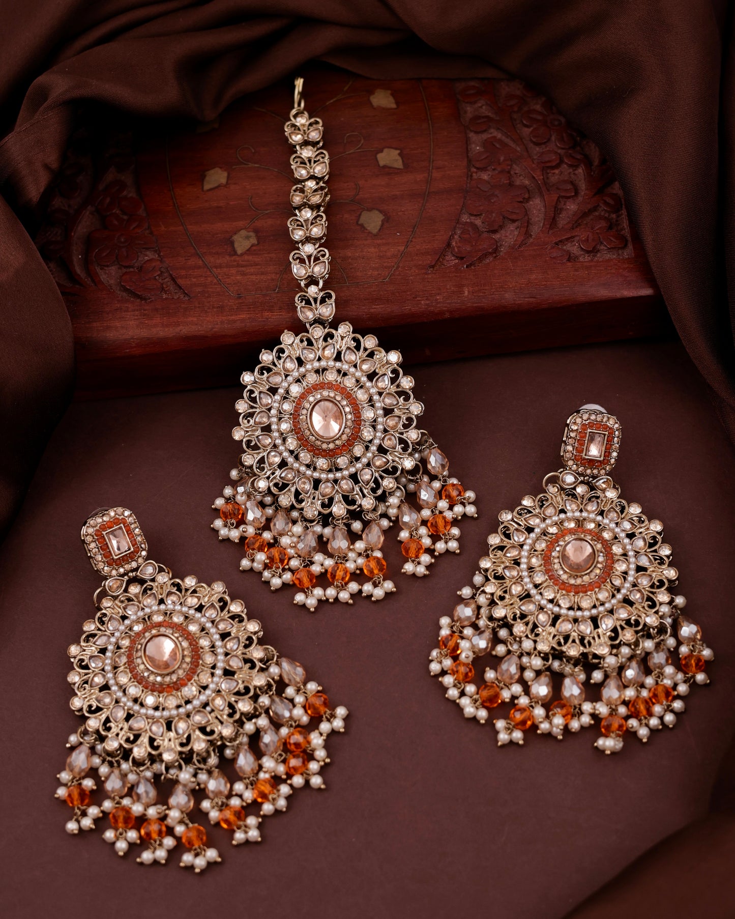 Orange Tavisha Punjabi Pakistani Teeka Chandbali Set