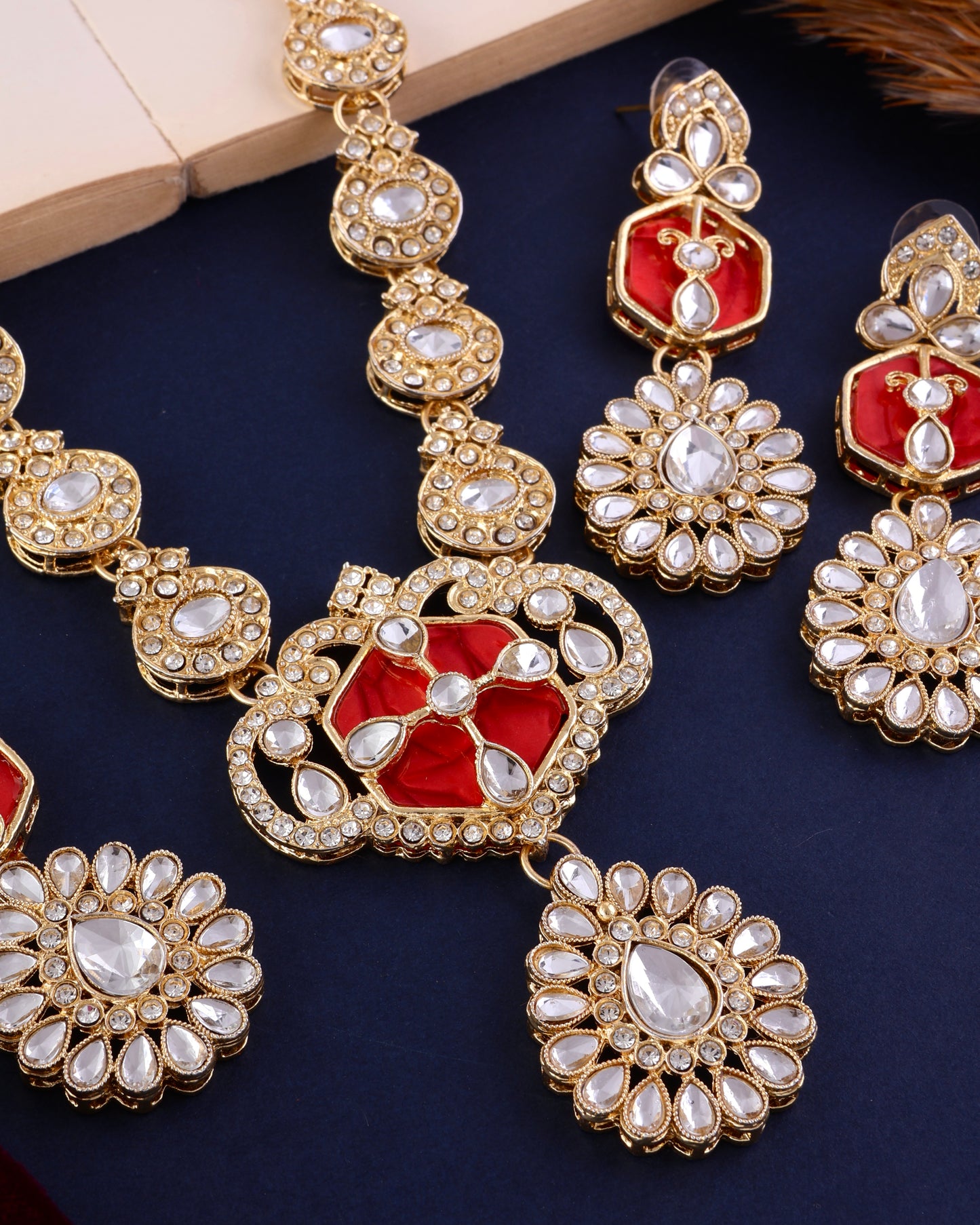 Red Vrinda Long Necklace Set with Earring and Teeka