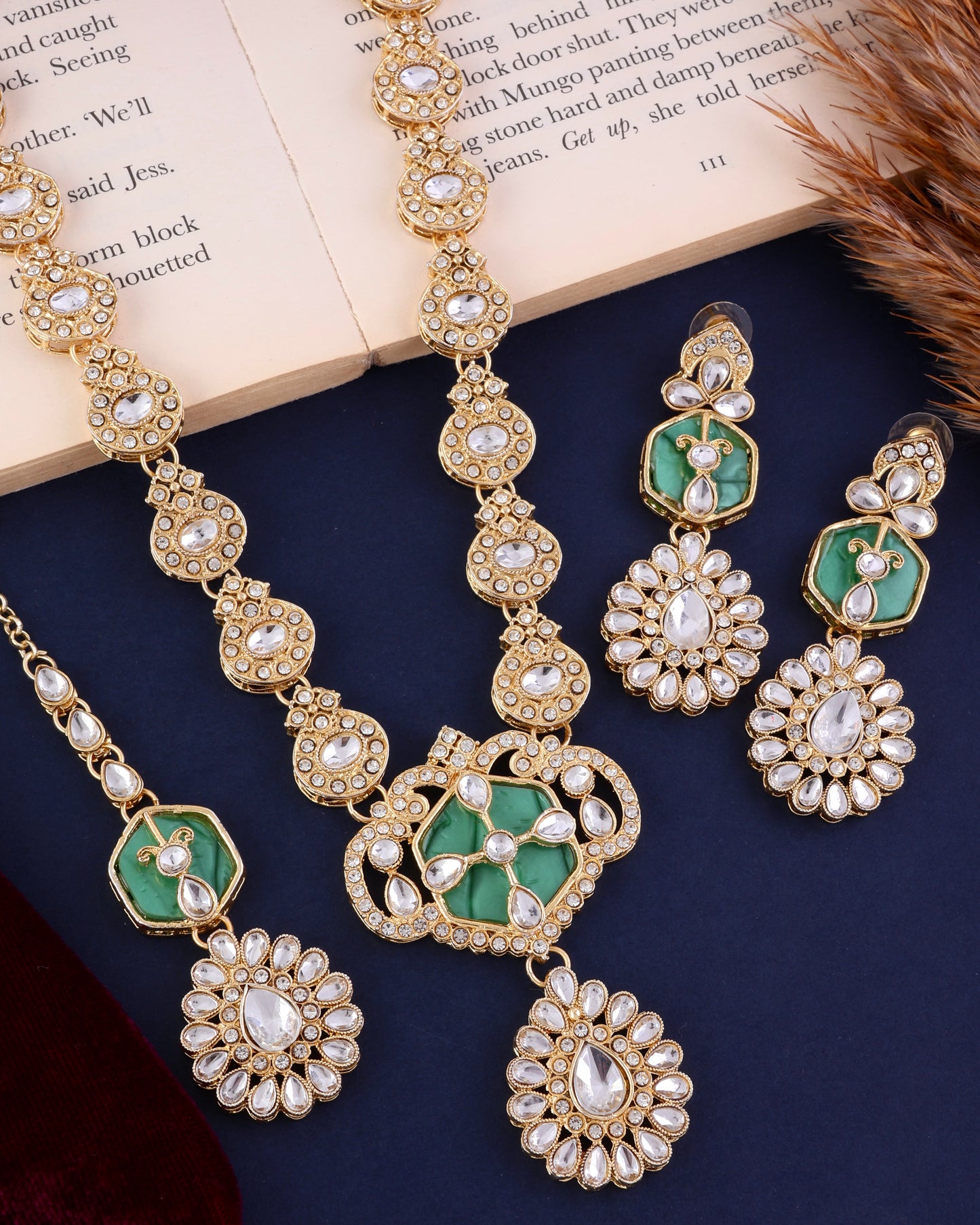 Green Vrinda Long Necklace Set with Earring and Teeka