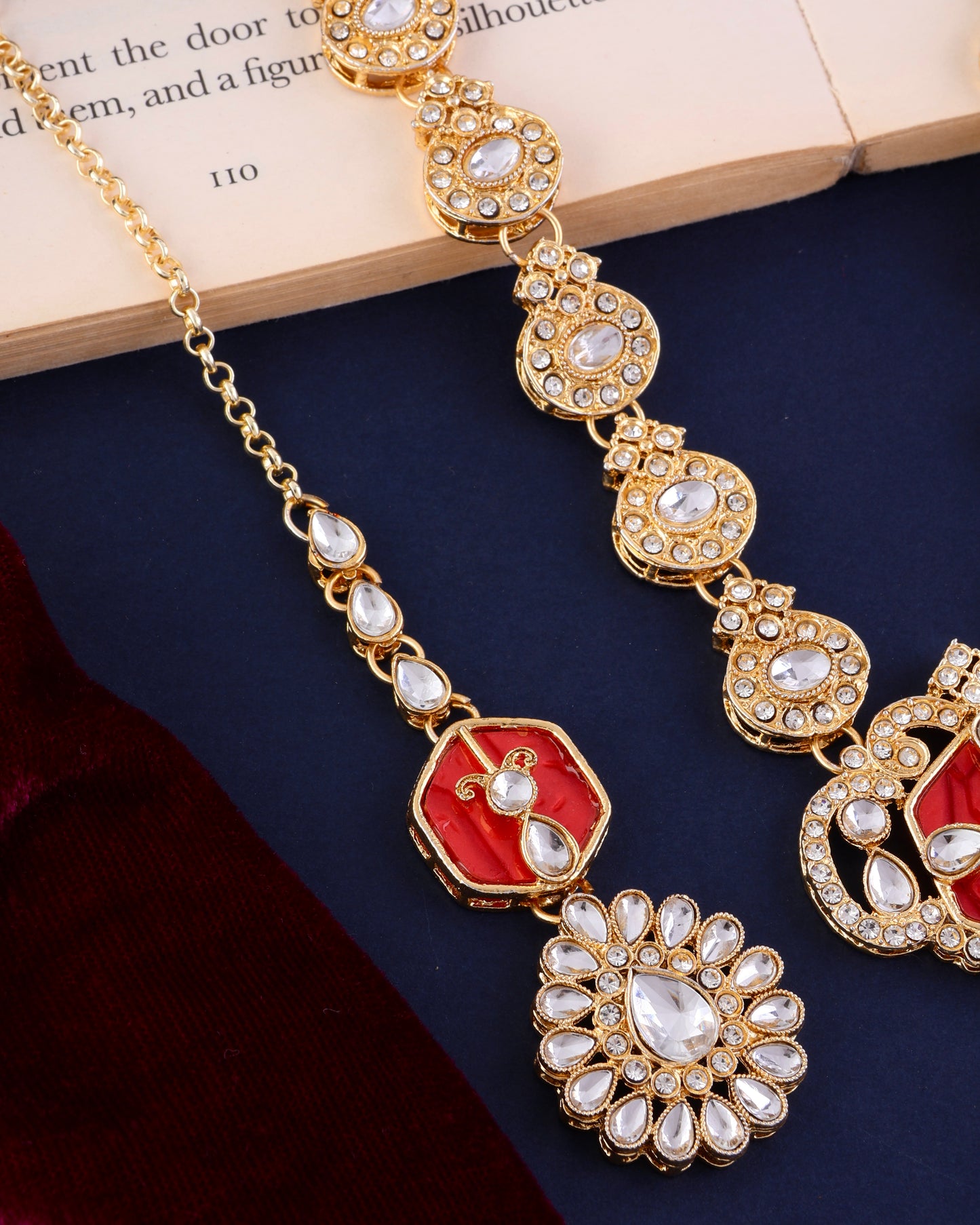 Red Vrinda Long Necklace Set with Earring and Teeka