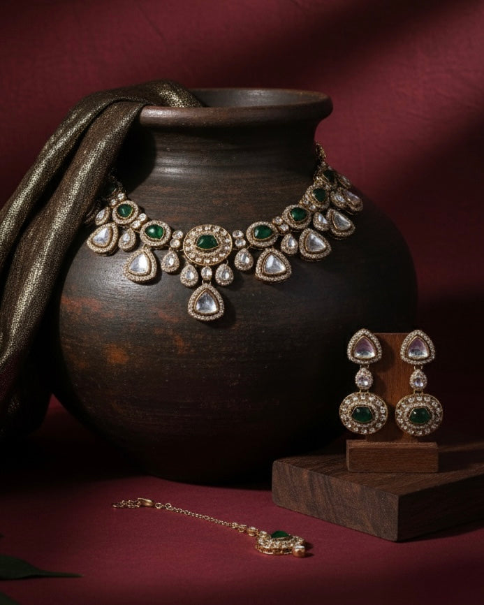 Green Kavita Premium Polki Dupe Necklace with Earring and Teeka