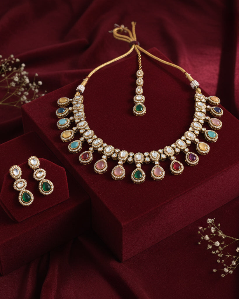 Multi Nivaya Premium Polki Dupe Necklace with Earring and Teeka