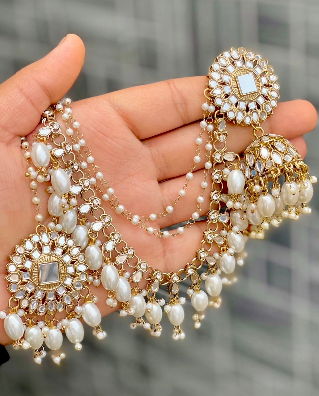 Avreet Mirror Bahubali Jhumka with Statement Kaan Chain and Teeka