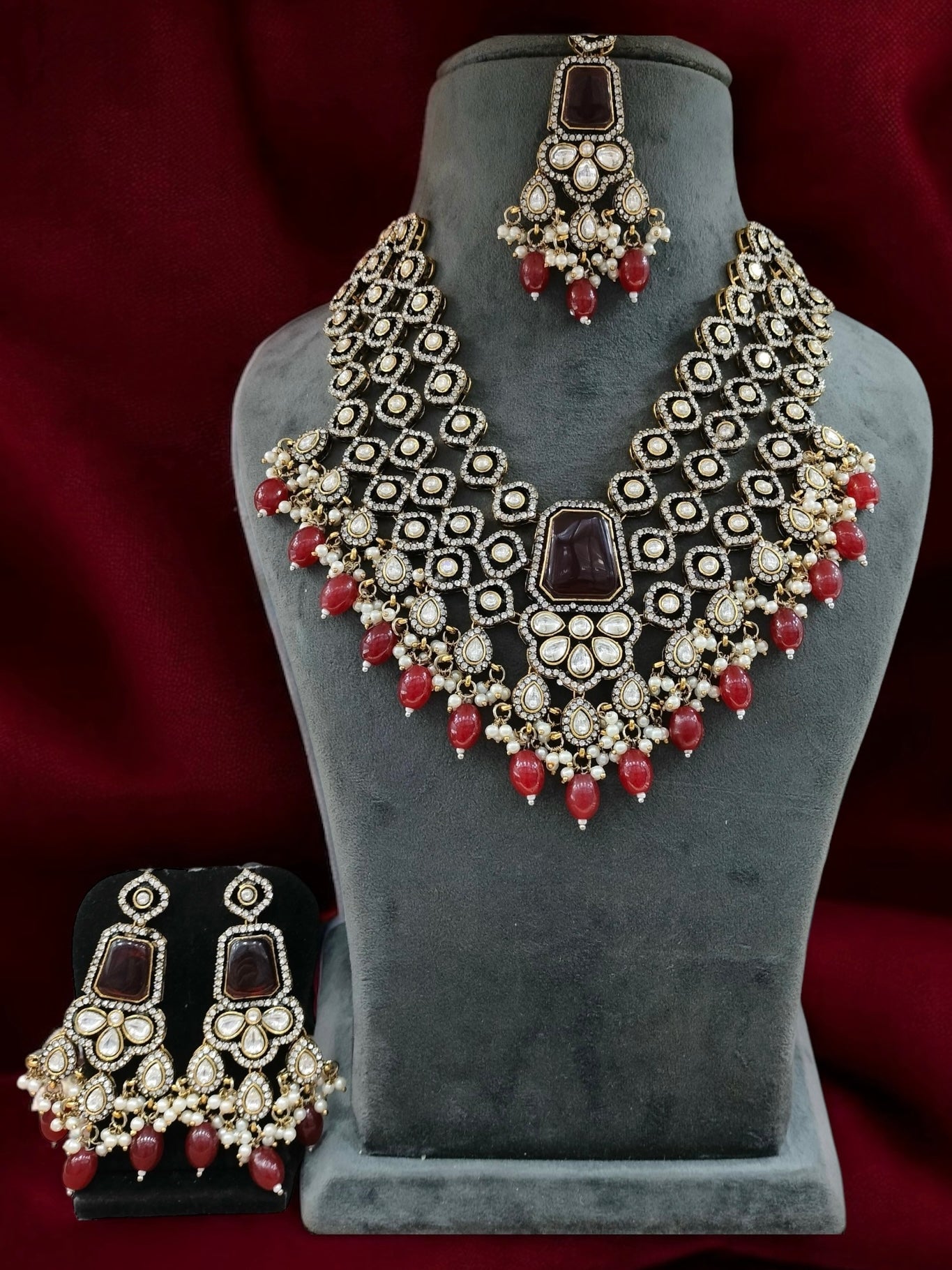 Dark Red Arizona Premium Monalisa Layered Necklace Set with Earring and Teeka