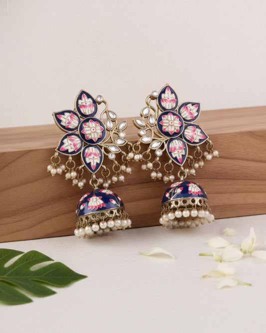 Dark Blue Mrinalini Lotus Meenakari Jhumki