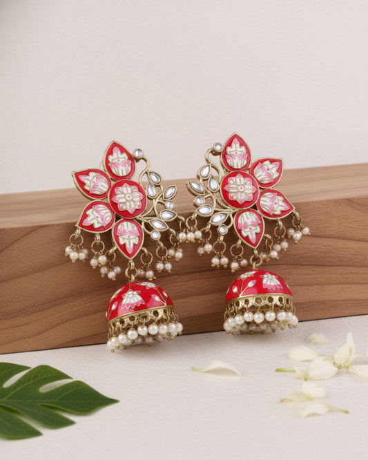 Dark Pink Mrinalini Lotus Meenakari Jhumki