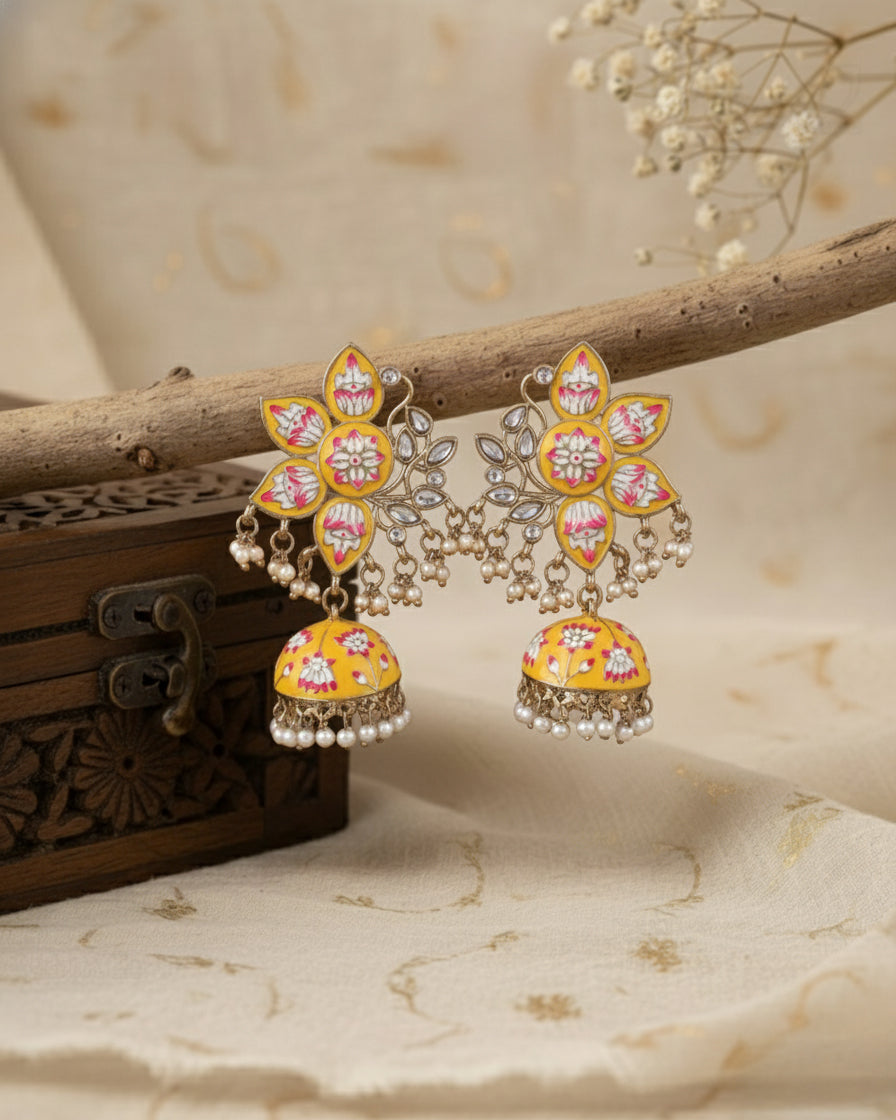 Yellow Mrinalini Lotus Meenakari Jhumki