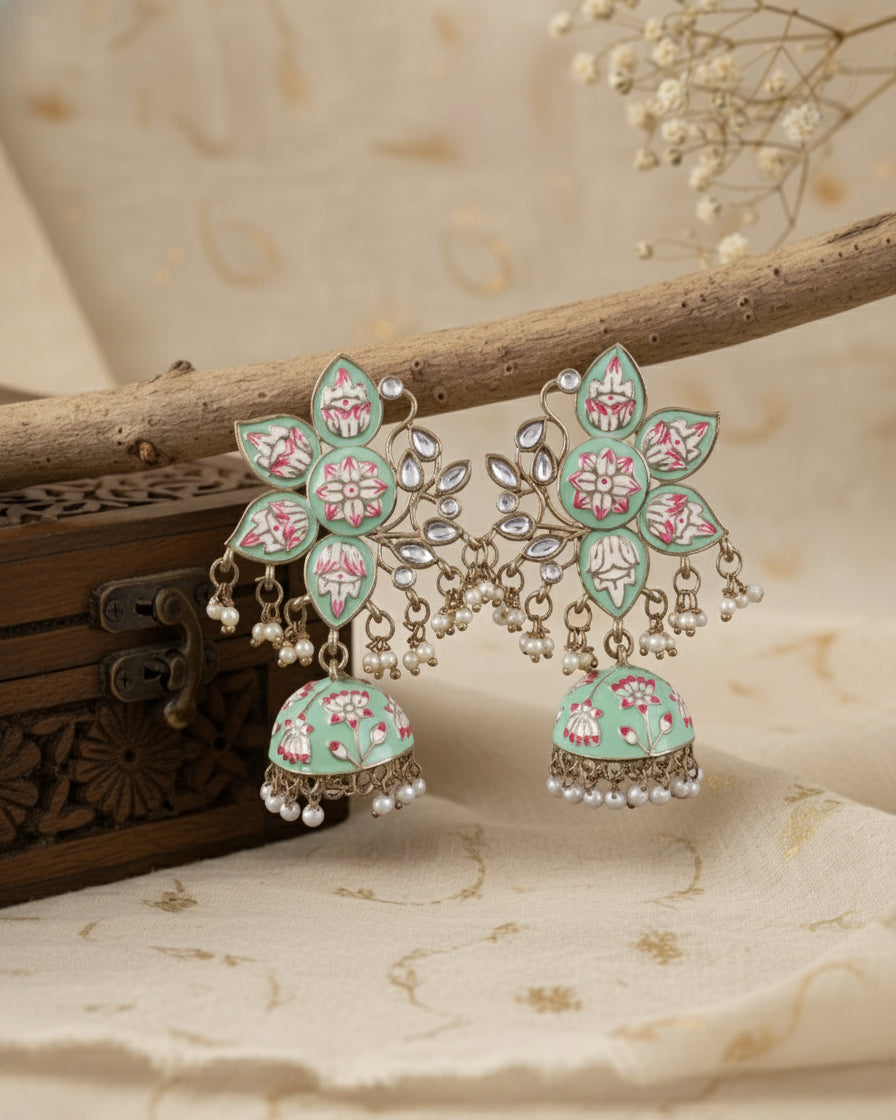 Mint Green Mrinalini Lotus Meenakari Jhumki
