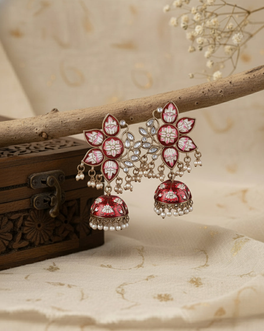 Red Mrinalini Lotus Meenakari Jhumki