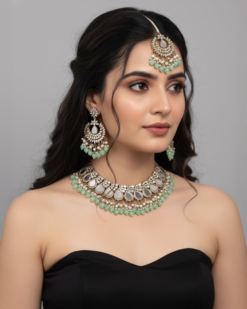 Mint Sehnaz Mirror Necklace Earring & Maangteeka