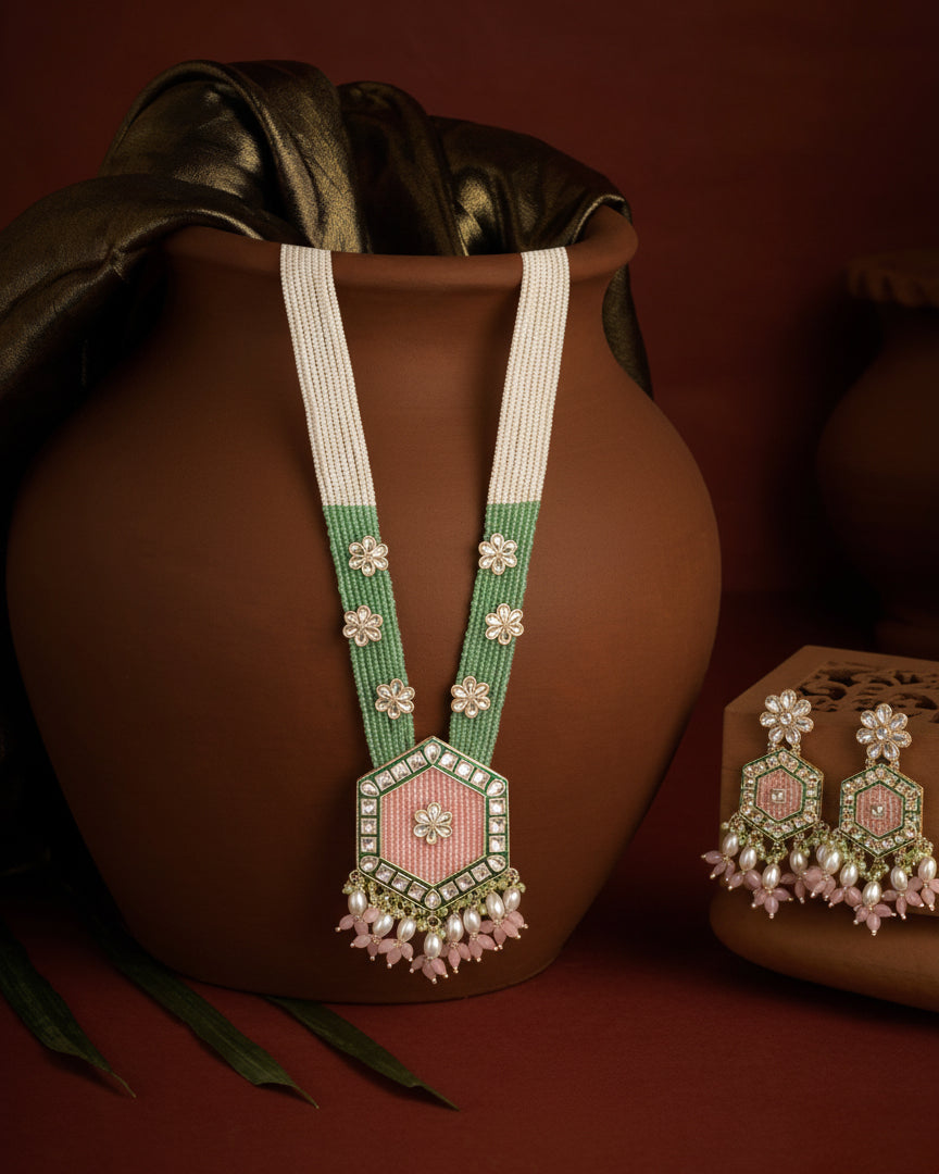 Blush Mint Neelika Long Necklace Set with Earring