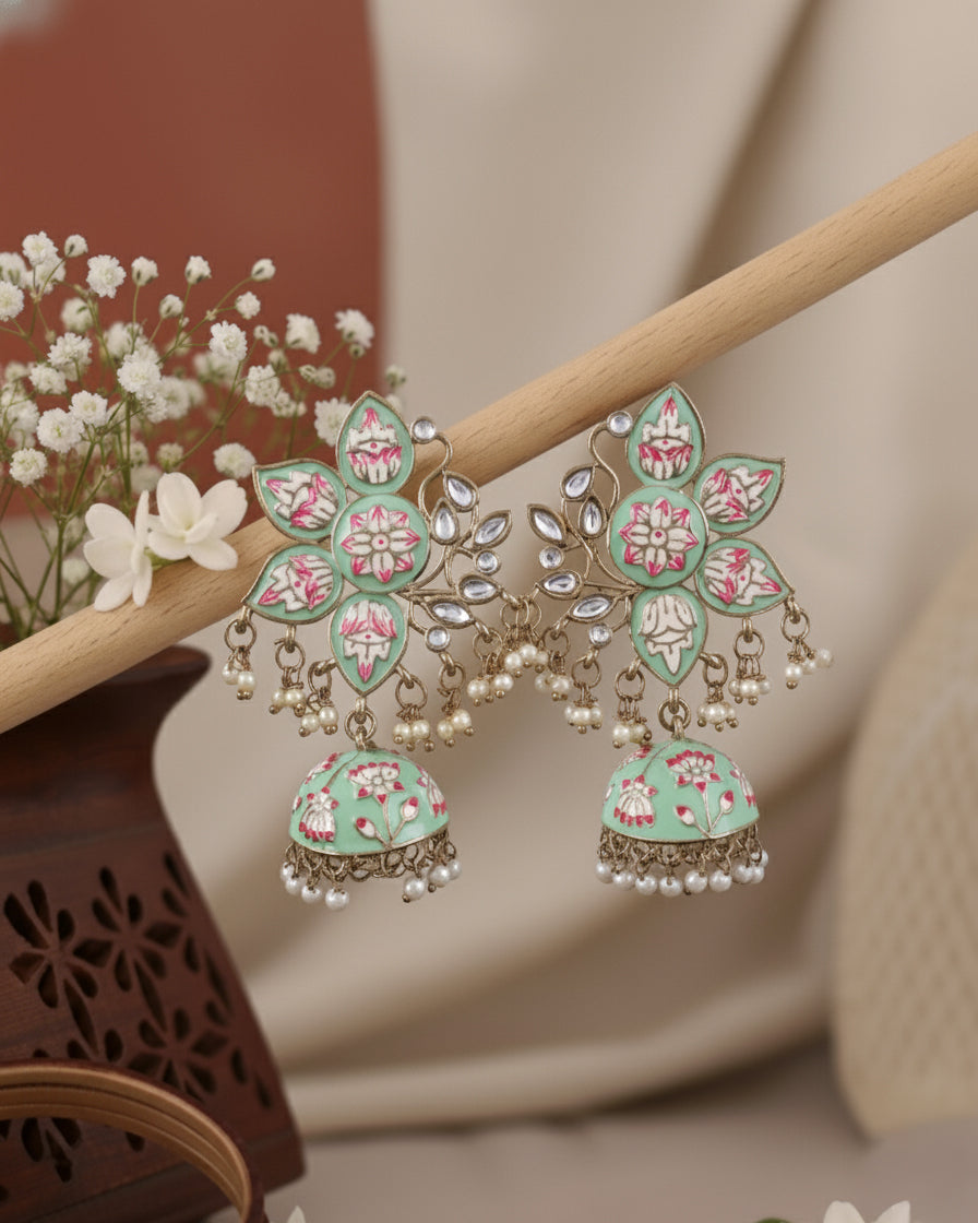 Mint Green Mrinalini Lotus Meenakari Jhumki