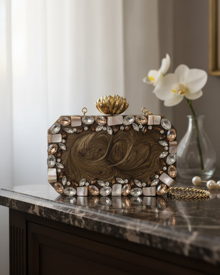 Olive Brown Olesya Emblished Resin Clutch