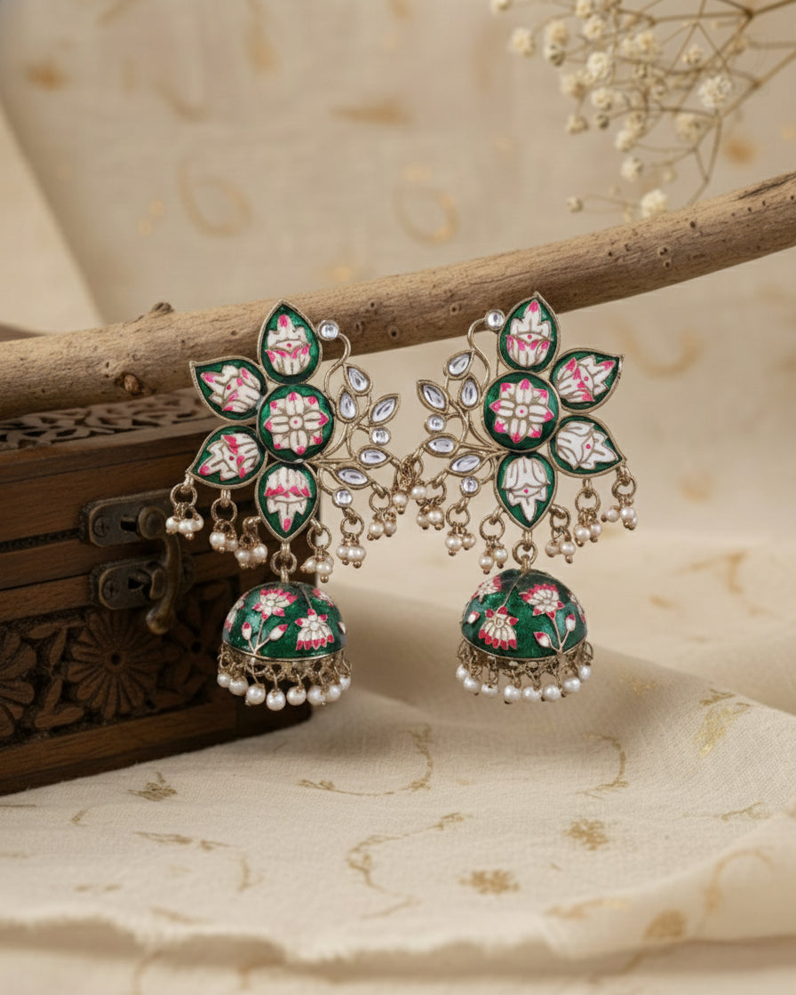 Green Mrinalini Lotus Meenakari Jhumki