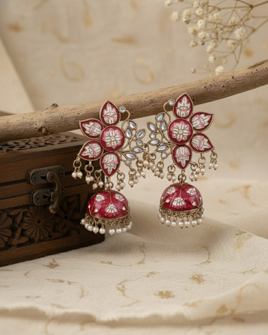 Dark Pink Mrinalini Lotus Meenakari Jhumki