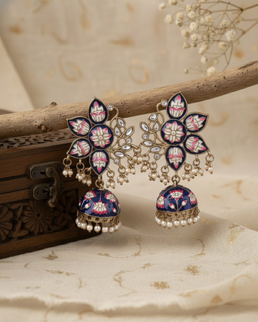 Dark Blue Mrinalini Lotus Meenakari Jhumki