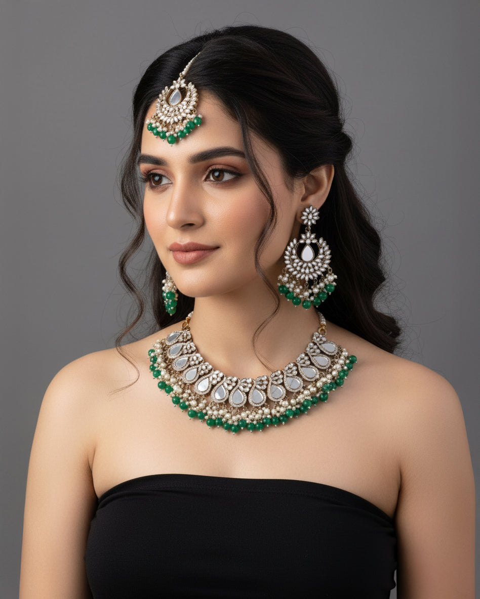 Green Sehnaz Mirror Necklace Earring & Maangteeka