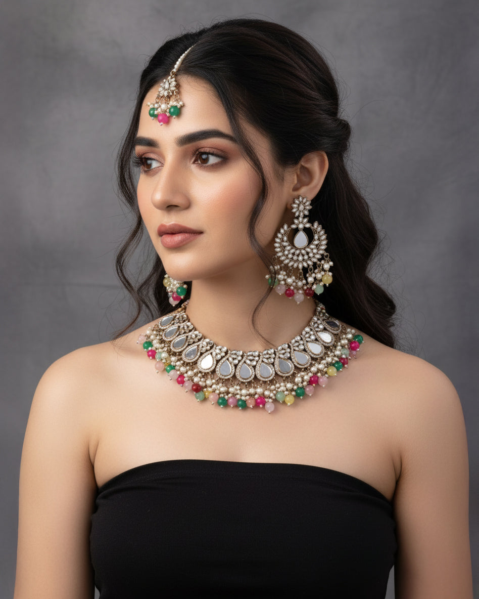 Multi Sehnaz Mirror Necklace Earring & Maangteeka