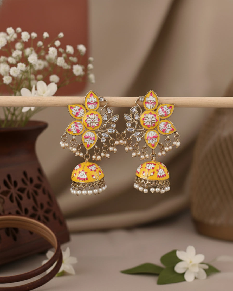 Yellow Mrinalini Lotus Meenakari Jhumki