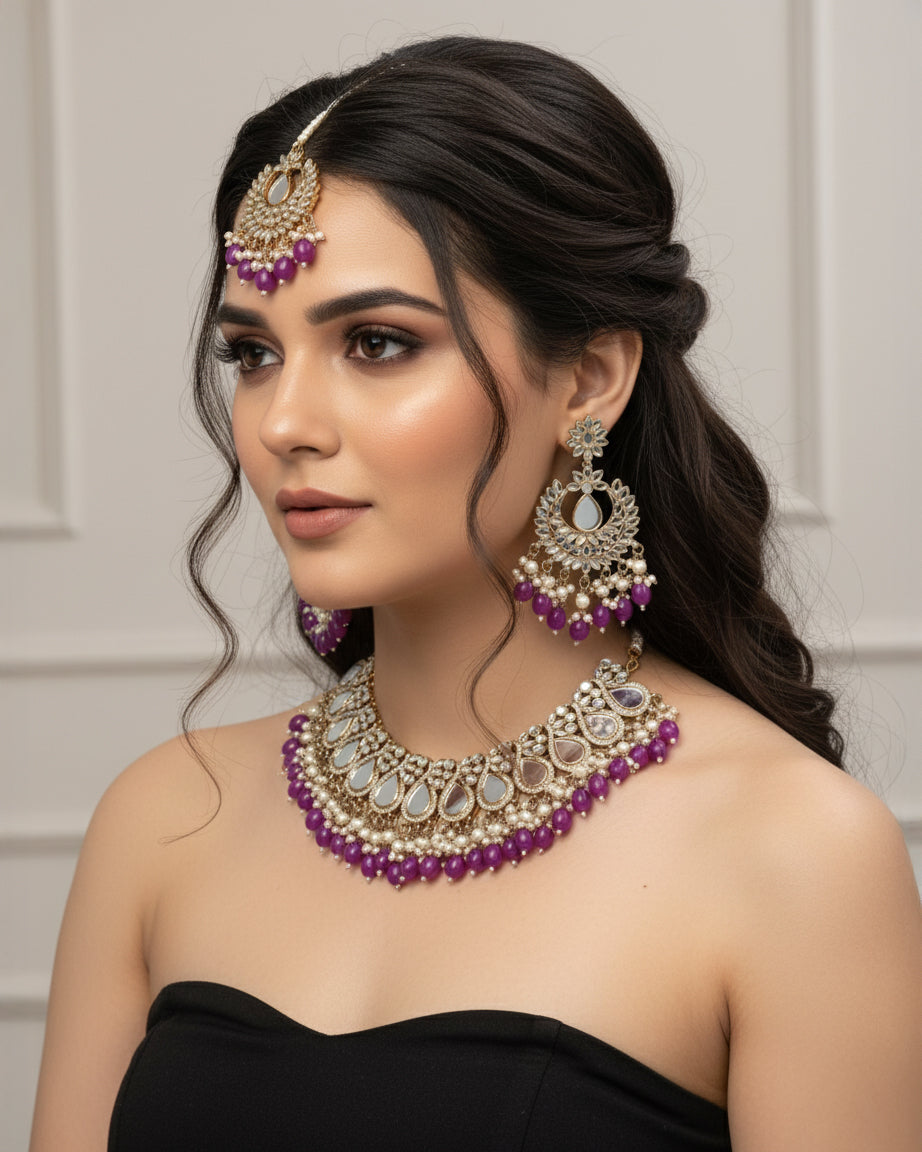 Purple Sehnaz Mirror Necklace Earring & Maangteeka
