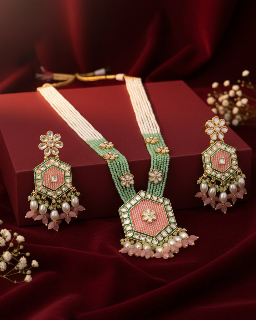 Blush Mint Neelika Long Necklace Set with Earring