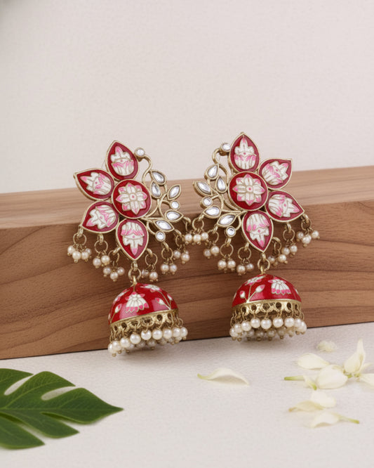 Red Mrinalini Lotus Meenakari Jhumki