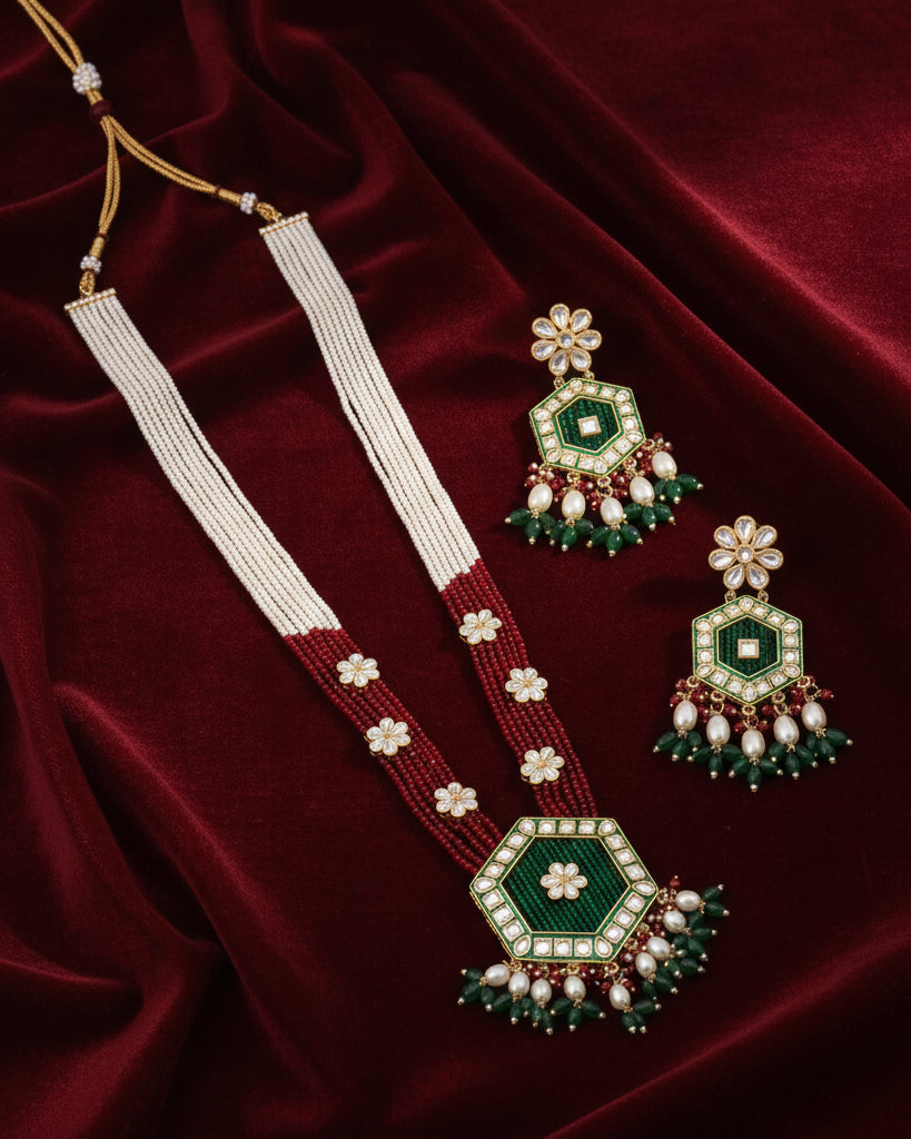 Green Maroon Neelika Long Necklace Set with Earring