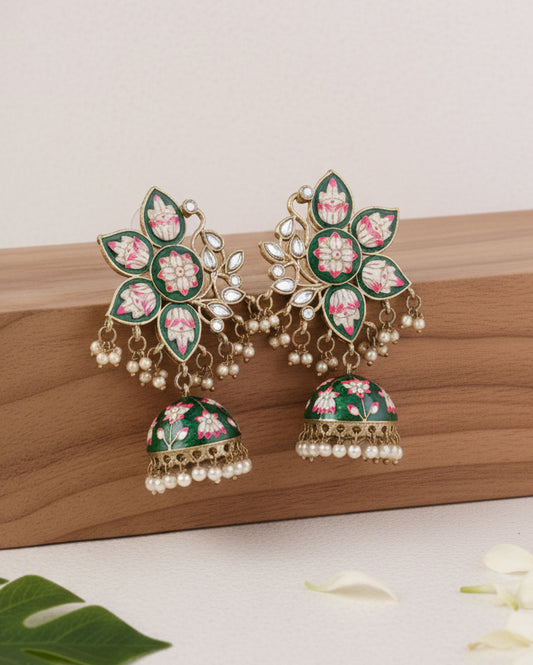 Green Mrinalini Lotus Meenakari Jhumki