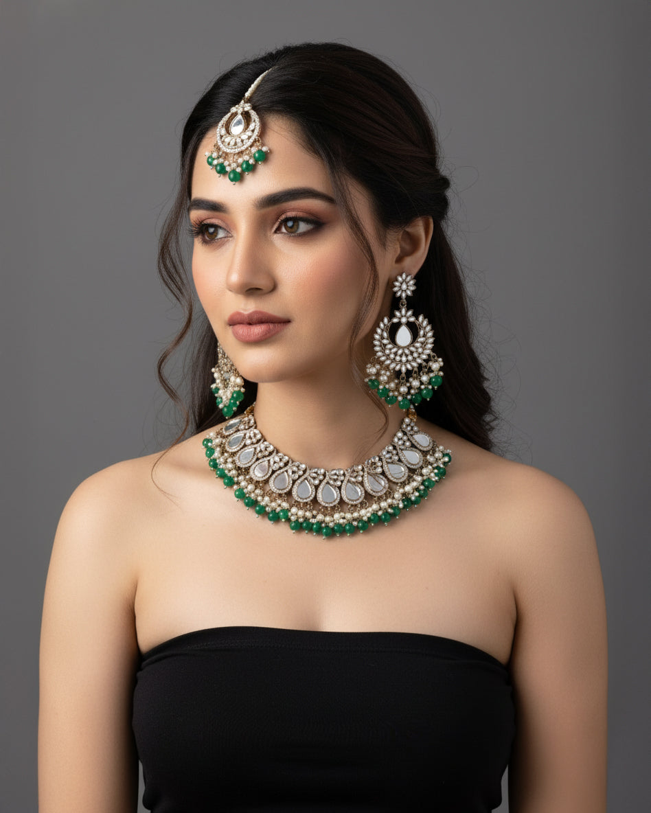 Green Sehnaz Mirror Necklace Earring & Maangteeka