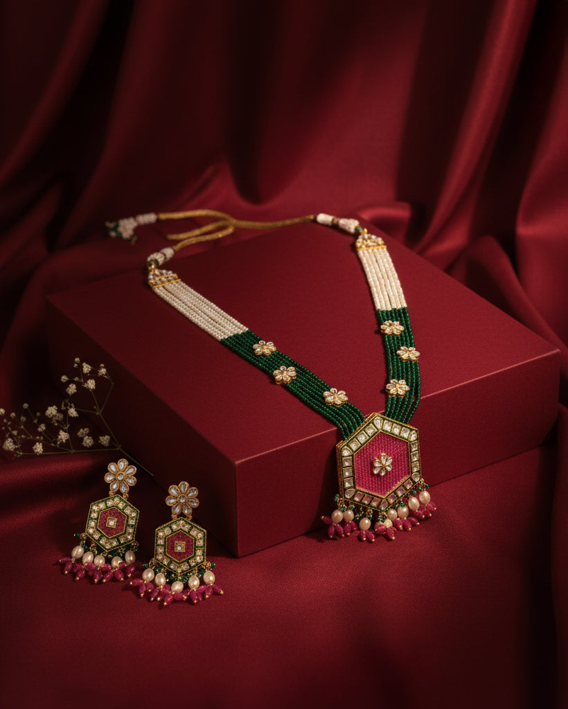 Pink Green Neelika Long Necklace Set with Earring