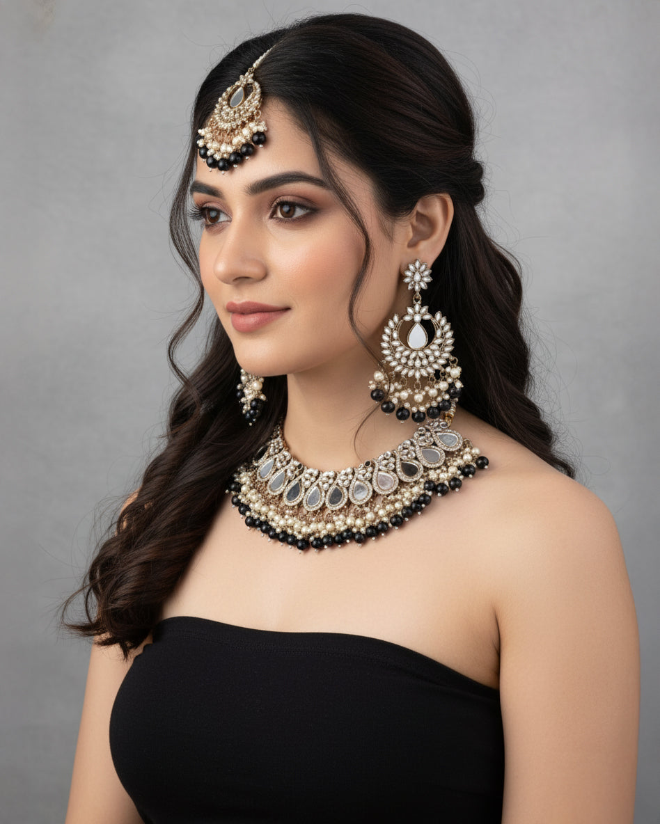Black Sehnaz Mirror Necklace Earring & Maangteeka