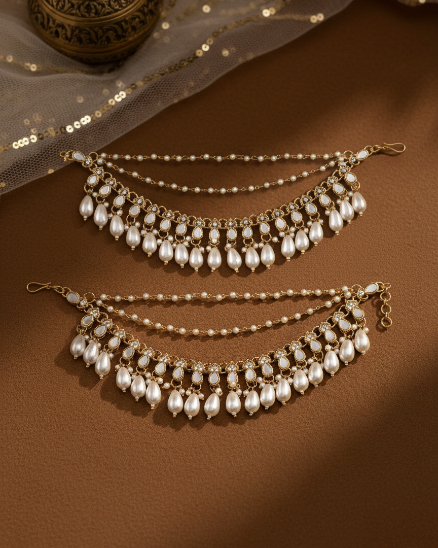 Ishara Bahubali Kundan Kaan Chain Pair