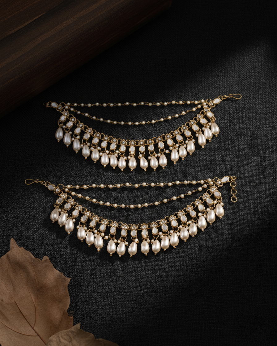 Ishara Bahubali Kundan Kaan Chain Pair