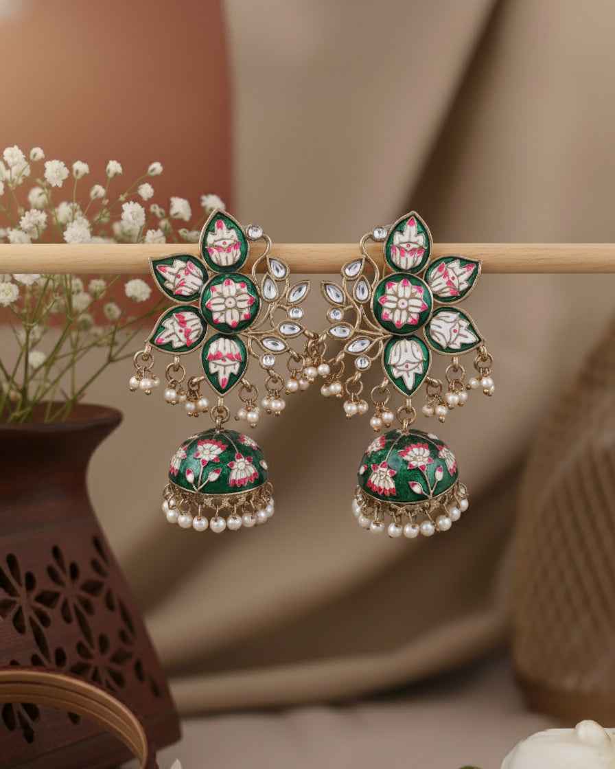 Green Mrinalini Lotus Meenakari Jhumki